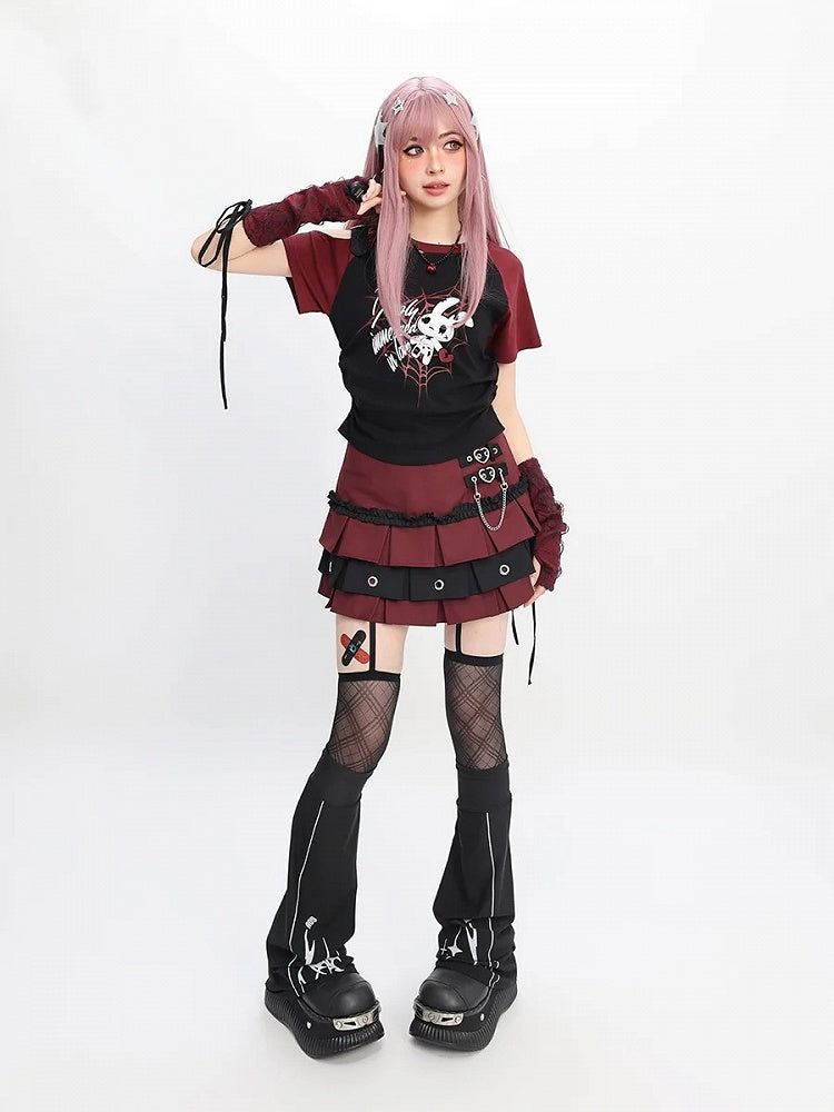 Schnallen Stufenrock Y2K Rot/Pink/Lila Herz Kellerfalte Gefüttert