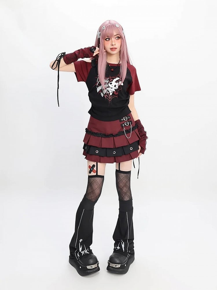 レッド/ピンク/パープルのTシャツプリントスリーブ付きY2Kカットアウトショルダースパイダーウェブ