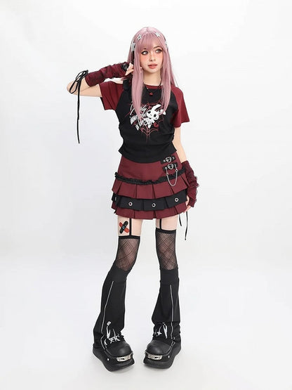 レッド/ピンク/パープルのTシャツプリントスリーブ付きY2Kカットアウトショルダースパイダーウェブ