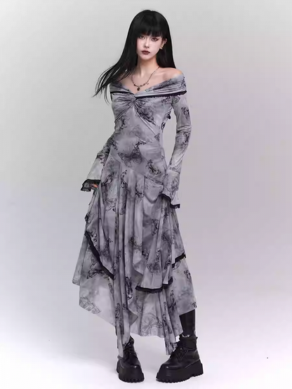 Purple/Dark Gray/Apricot Off-the-Shoulder Butterfly Print Twist Detail Dress