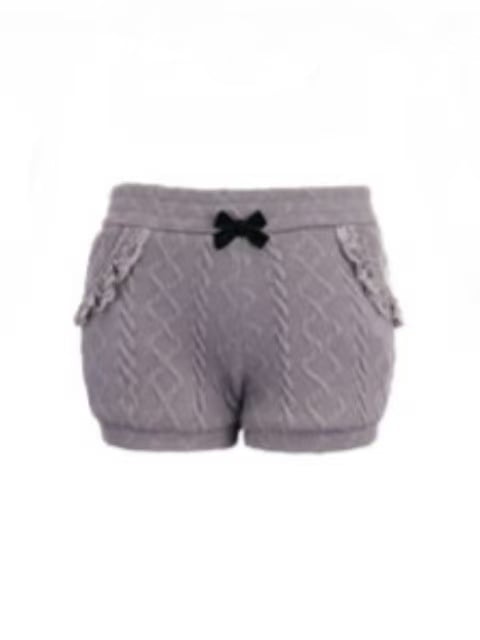 Pocket Lace-Trimmed Black With Gray Shorts Detail Bow Fleece Knit