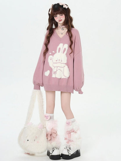 Black Cute Bunny V-neck Loose Sweater Lace-up Detail at Sleeves