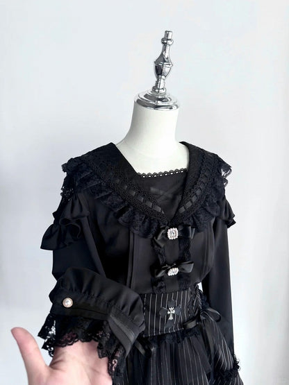 Black Rhinestones Bowknots Blouse Jirai Kei Sailor Collar Ruffled Lace Trim