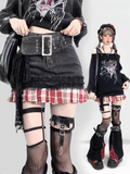 Stulpen Muster Rock + Schnalle Riemen Schwarz Denim Y2K Rot Bein Saum Plaid