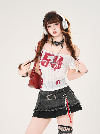 Number Print Slim-fitting Neckline Red/Black Off-the-shoulder