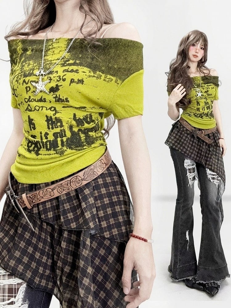 Vintage Y2K Off-Shoulder Tee with Letter Print in Light Green - ReddaChic