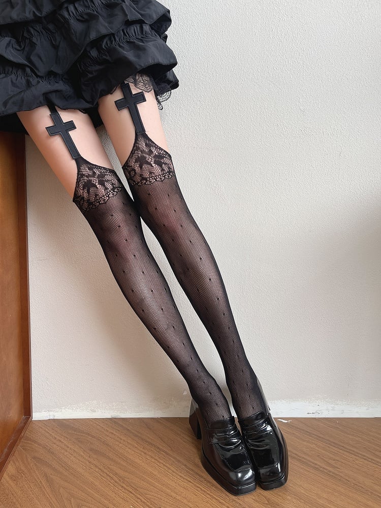 Design Floral Hollow-out Schwarz Hosenträger Gothic Strumpfhosen Kreuz