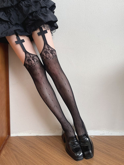 Design Floral Hollow-out Black Suspender Gothic Tights Cross