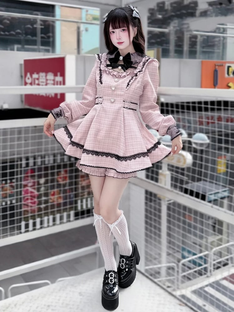 Jirai Matching Sweet Pink with Collar Outfit: Shorts Kei Detachable Two-Piece Tweed Puff Plaid Dress