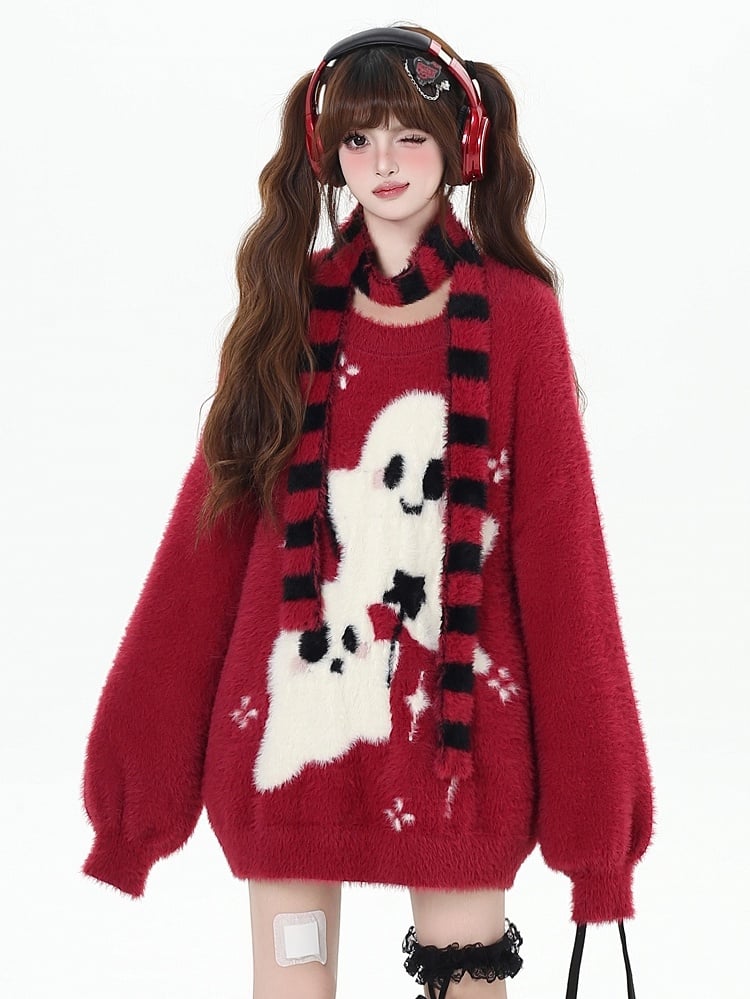Ghost Sweater Pattern Scarf Striped with Pink/Black/Red Kawaii