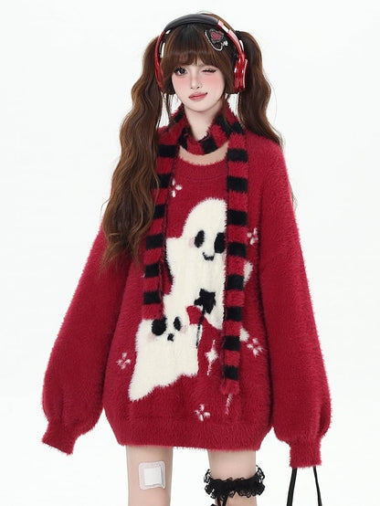 Ghost Sweater Pattern Scarf Striped with Pink/Black/Red Kawaii