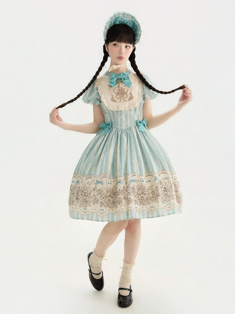 and Floral Blue Embroidery Classic One Bowknot Piece Striped Bodice Version Lolita Short Pattern