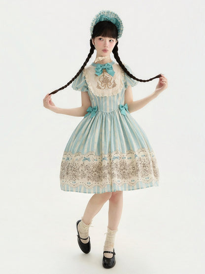 and Floral Blue Embroidery Classic One Bowknot Piece Striped Bodice Version Lolita Short Pattern