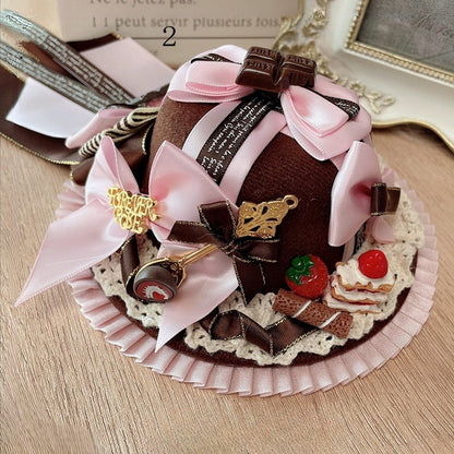 Sweet Lolita Chocolate Decorated Bowknot Details Lace Trim Mini Hat