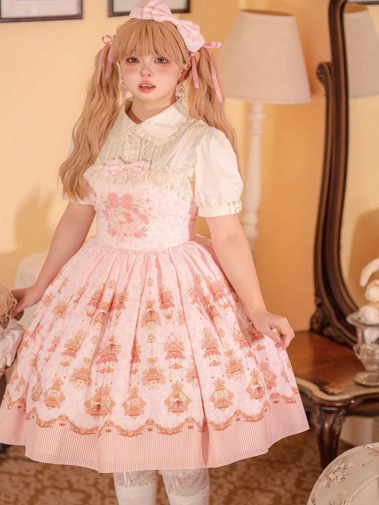 Pink Rabbit Print Lolita JSK Dress with Bow and Lace Details - Strawberry Witch
