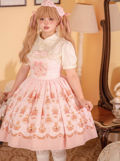 Pink Rabbit Print Lolita JSK Dress with Bow and Lace Details - Strawberry Witch