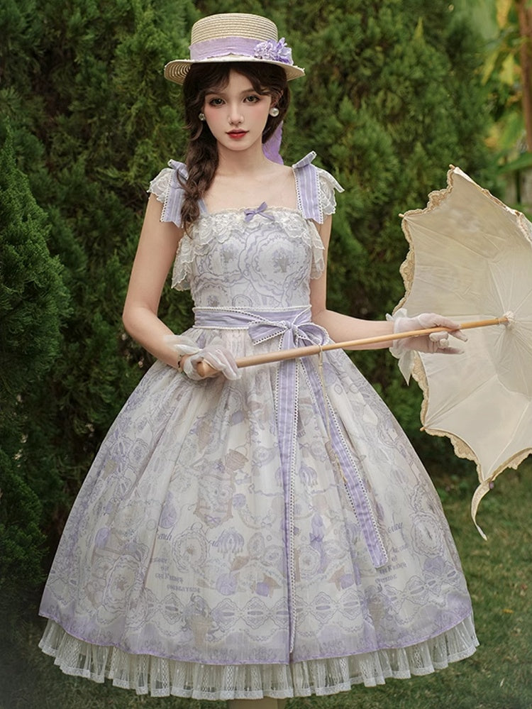 ロリータ フローラルバスケット クラシックジャンパープリントドレス 花とスカート パープル