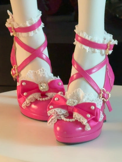 Rose High-heel Pink Crystal Janes Bow Sparkling Lolita Hime Mary with Beads - in