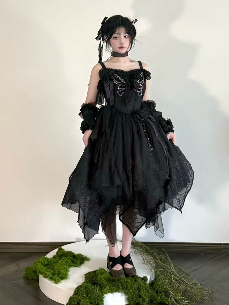 Black Asymmetrical Hem Lolita JSK Gown with Butterfly Rhinestones S-3XL - Sweet Wood Lolita
