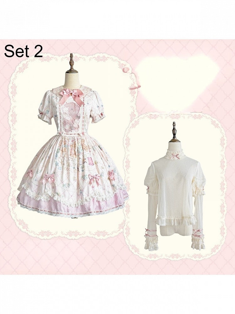 Sweet Lolita OP Dress Set with Puff Sleeves, Bear Print and Floral Embroidery - Treasure House