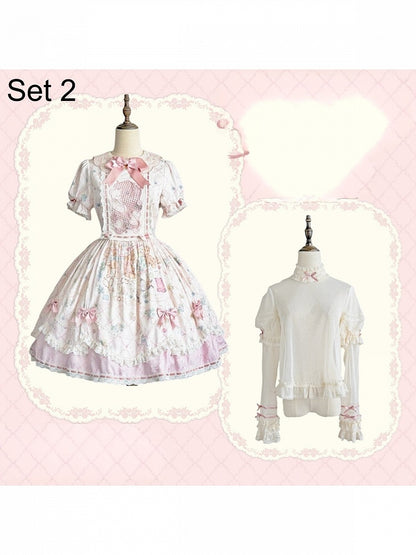 Sweet Lolita OP Dress Set with Puff Sleeves, Bear Print and Floral Embroidery - Treasure House