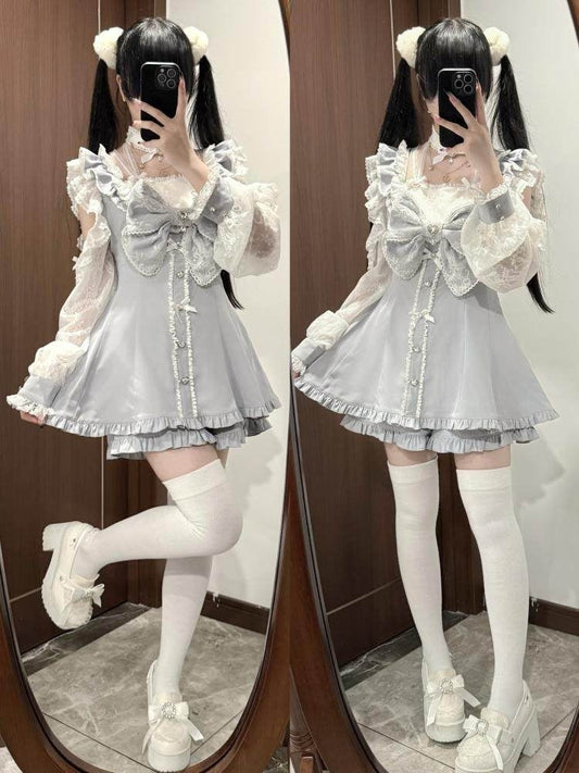 Matching Shoulder + Halter Double-Layered Blue Set Necklace Neck Dusty Dress Shorts Cutout Ryousangata