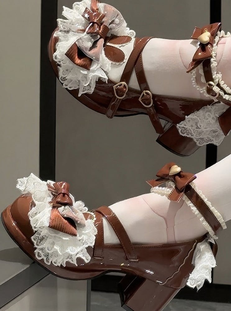Brown Block Heel Pumps with Pearl Chain & Lace Trim - Meng Ka Jiang