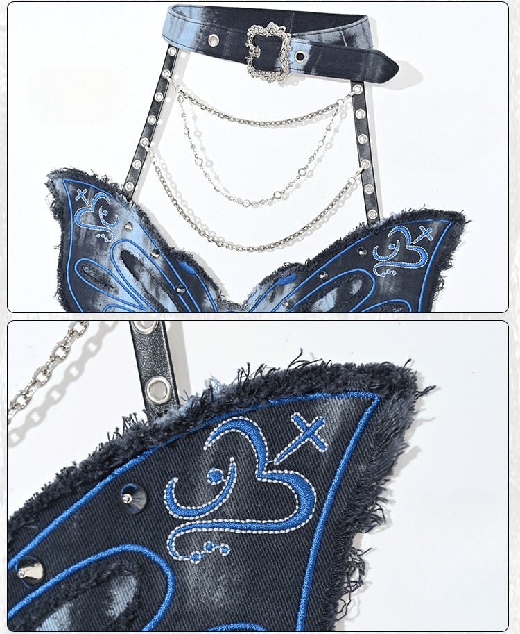Grunge Punk Rock Fairycore Blau Tie Dye Schmetterling Neckholder Top Nieten