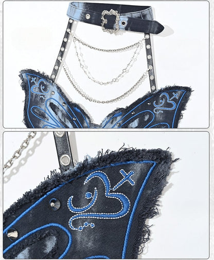 グランジ パンクロック フェアリーコア ブルー タイダイ バタフライ ホルターネック トップ スタッド