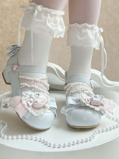 - Low Heels Pink mit Clip Style Lolita Sweet A Candy-Decorated Heart Shoe Bow Blue