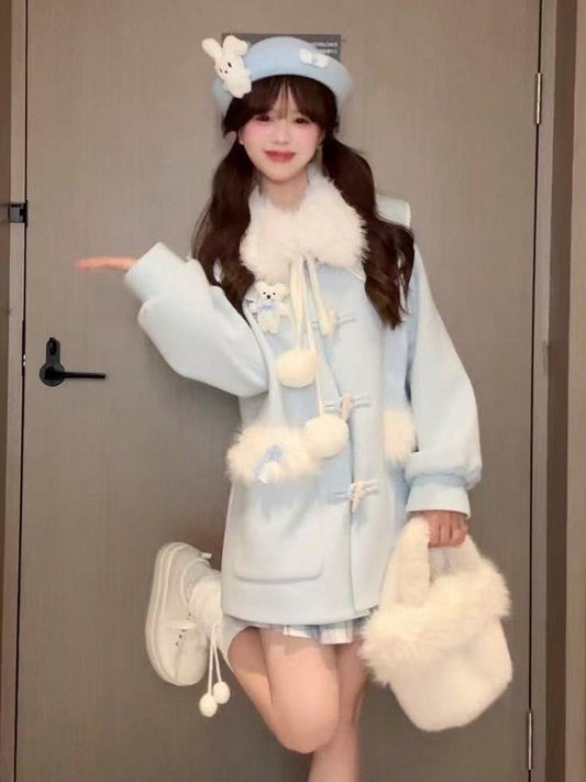 Faux Sweet Lolita Trim and Accents Coat Fur Blue Pom-Pom with Winter