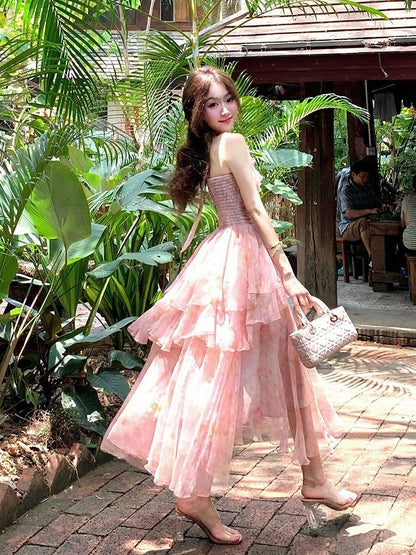 Pink Oil Painting Print Ruffle Trim Summer Holiday Dress - Qchiwawameme