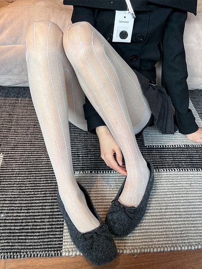 Sheer Glittering Stripe Thread Pantyhose Vertical Silver
