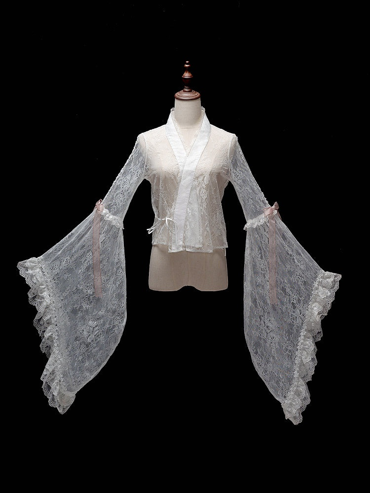 White Chinoiserie Lace Blouse with Wide Bell Sleeves - Dream Magic Box