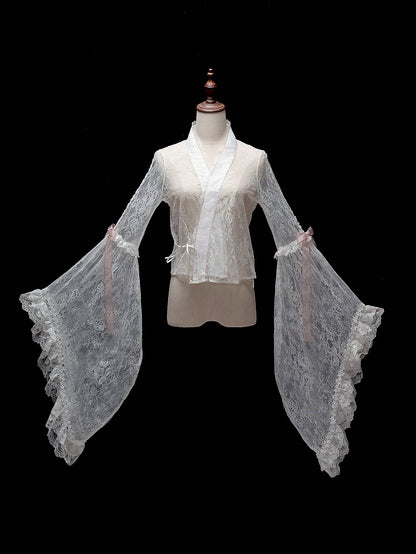White Chinoiserie Lace Blouse with Wide Bell Sleeves - Dream Magic Box