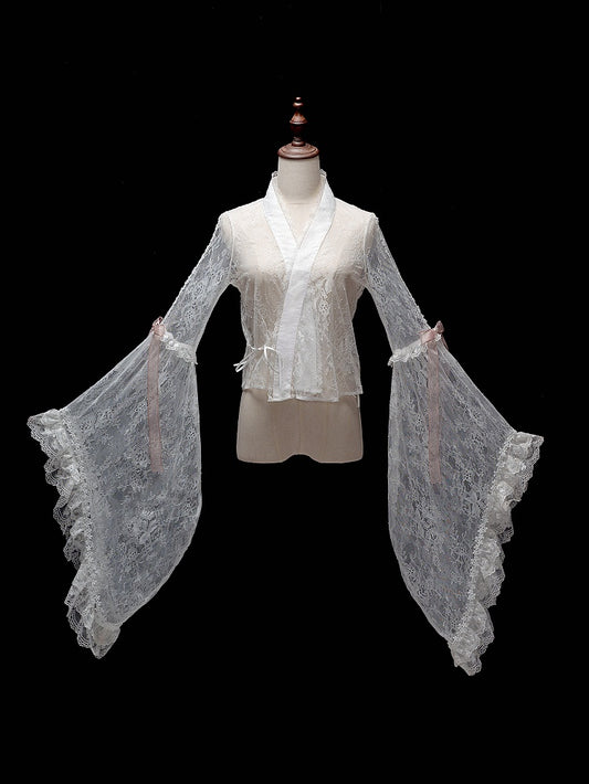 White Chinoiserie Lace Blouse with Wide Bell Sleeves - Dream Magic Box