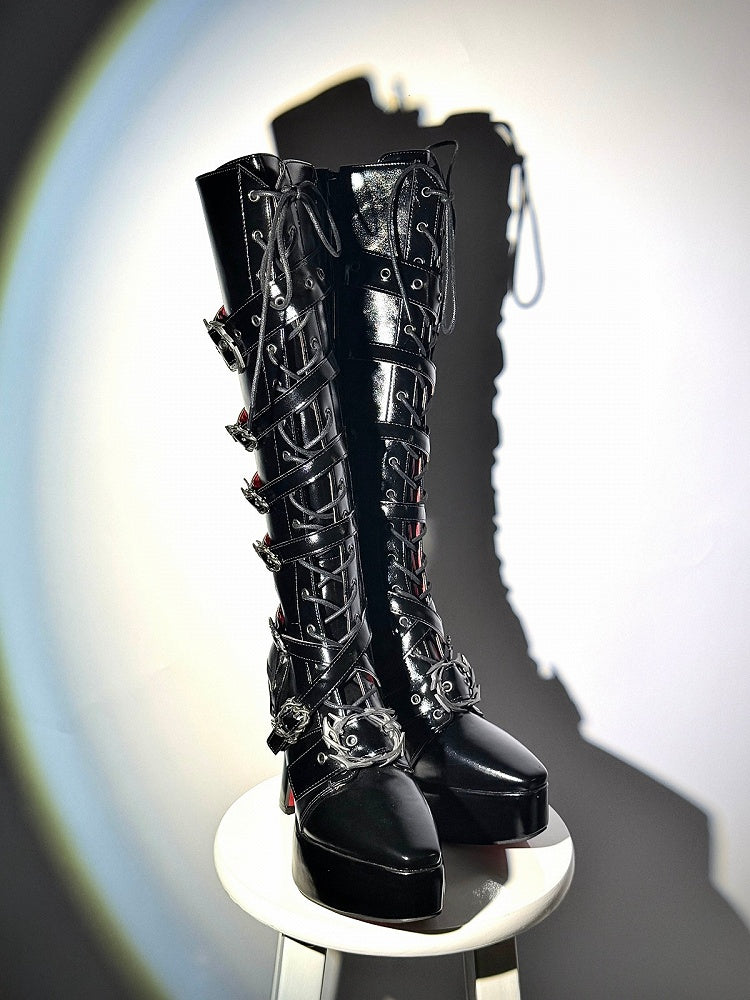 Pointed-Toe 11CM Stiletto Gothic Knight Boots in Polished Black - sphenoid