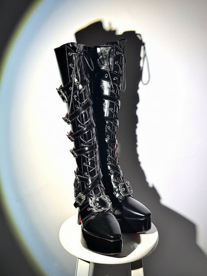Pointed-Toe 11CM Stiletto Gothic Knight Boots in Polished Black - sphenoid