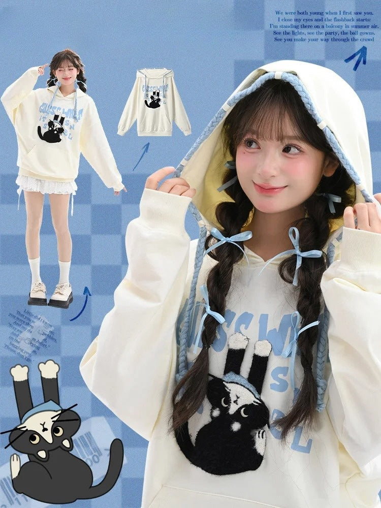 Printed Hoodie Loose Kitty Applique Beige