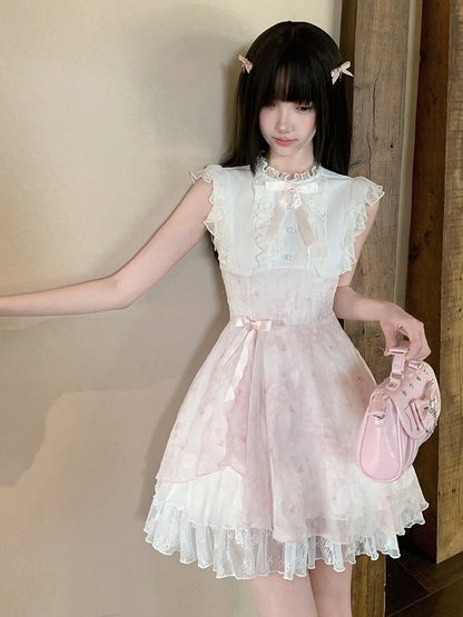 Pink & White Floral Seiso-kei Sleeveless Dress with Bow and Lace - LA LA JK