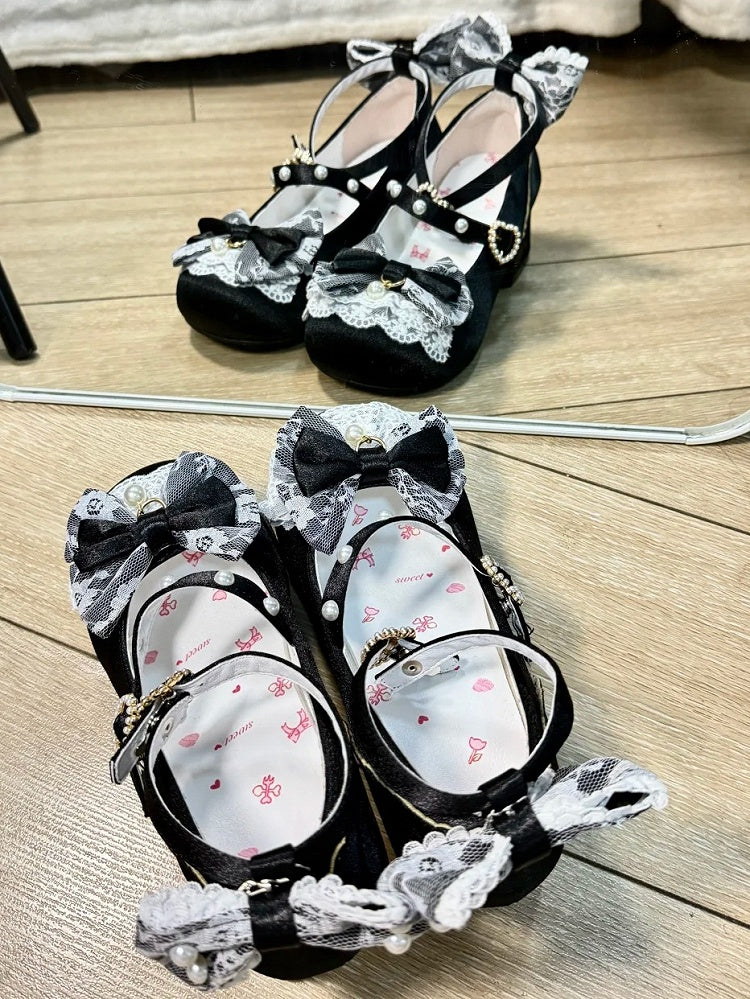 Mary Low - Satin with Lace Heart Sweet Heel Lolita Janes Trim Snap Black Beaded