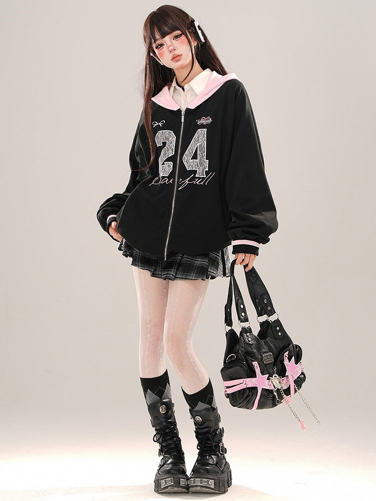 チェック柄アクセントのボックスレースブラックプリーツミニスカート