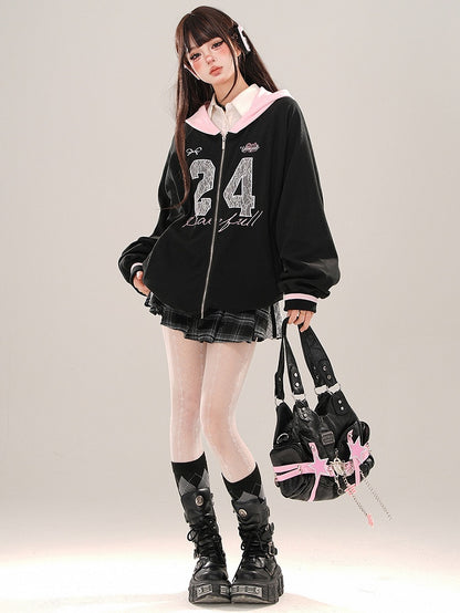 チェック柄アクセントのボックスレースブラックプリーツミニスカート