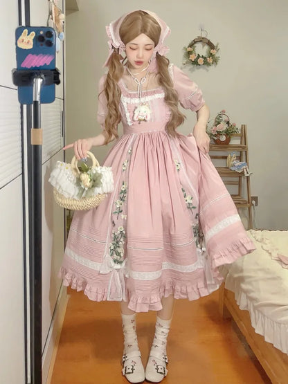 Dress Embroidery Lolita Jasmine Square Neckline Pink Cotton