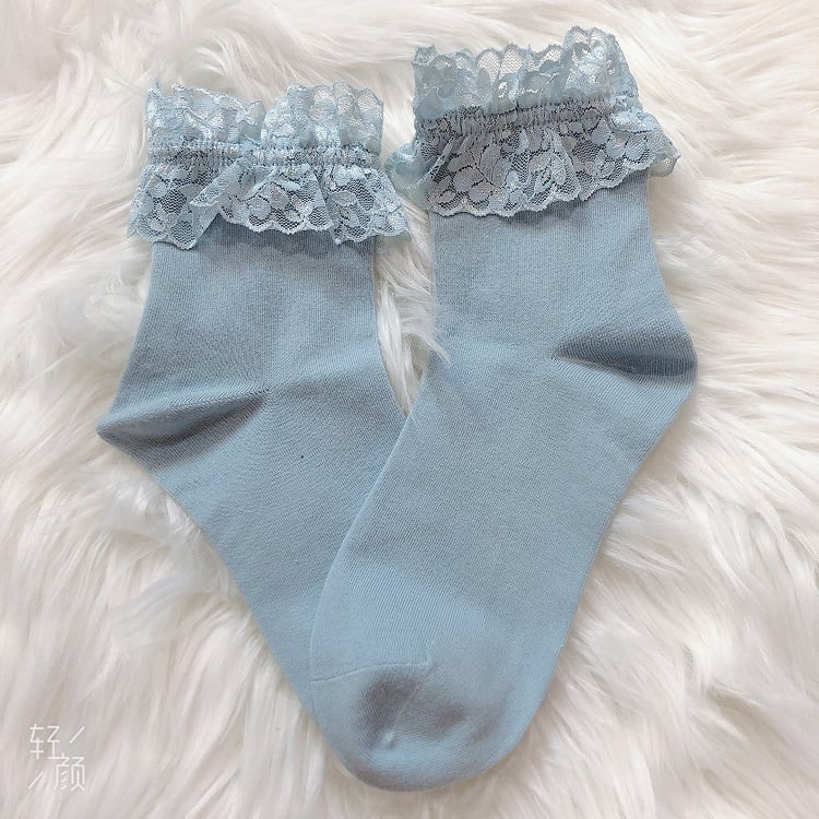 4 Chaussettes Lolita en Coton à Bordure Dentelle de Couleurs Variées
