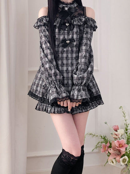 セットスカート カットアウトショルダー ミニショーツ ジライケイ イリュージョンドレス ネックライン チェック柄 フリルグレー裾