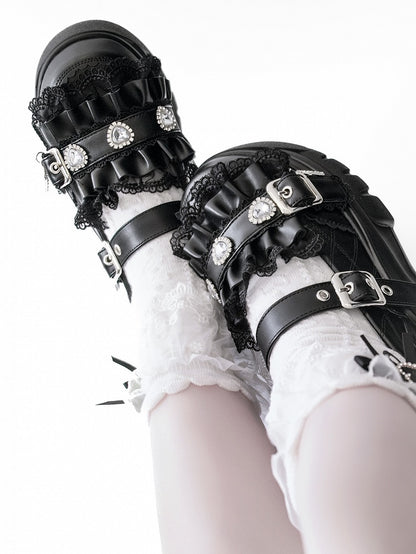 Bittersweet Heart Ruffles Black Details Rhinestone Cross Charm Trim Platforms