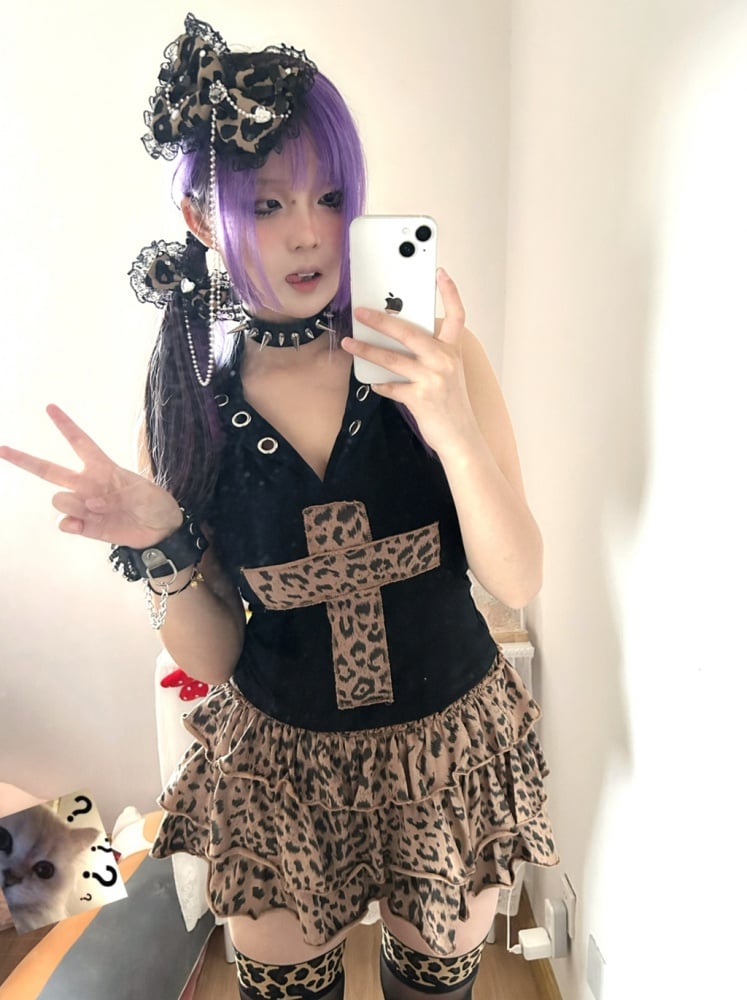 Y2K Stufenrock mit Leopardenmuster