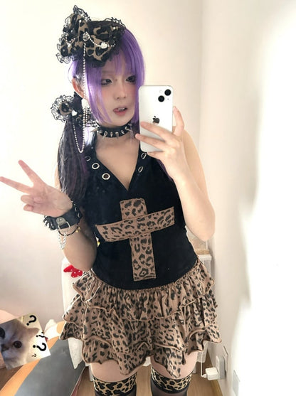 Y2K Stufenrock mit Leopardenmuster