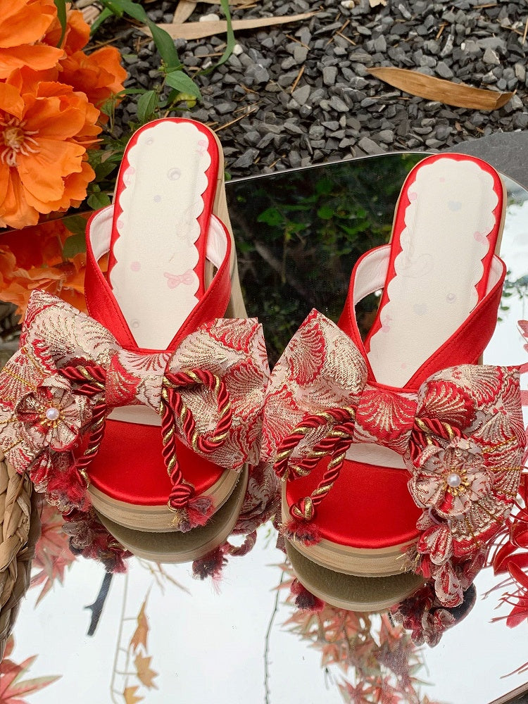 Red 8cm Heel Clogs with Floral Details - Aimee